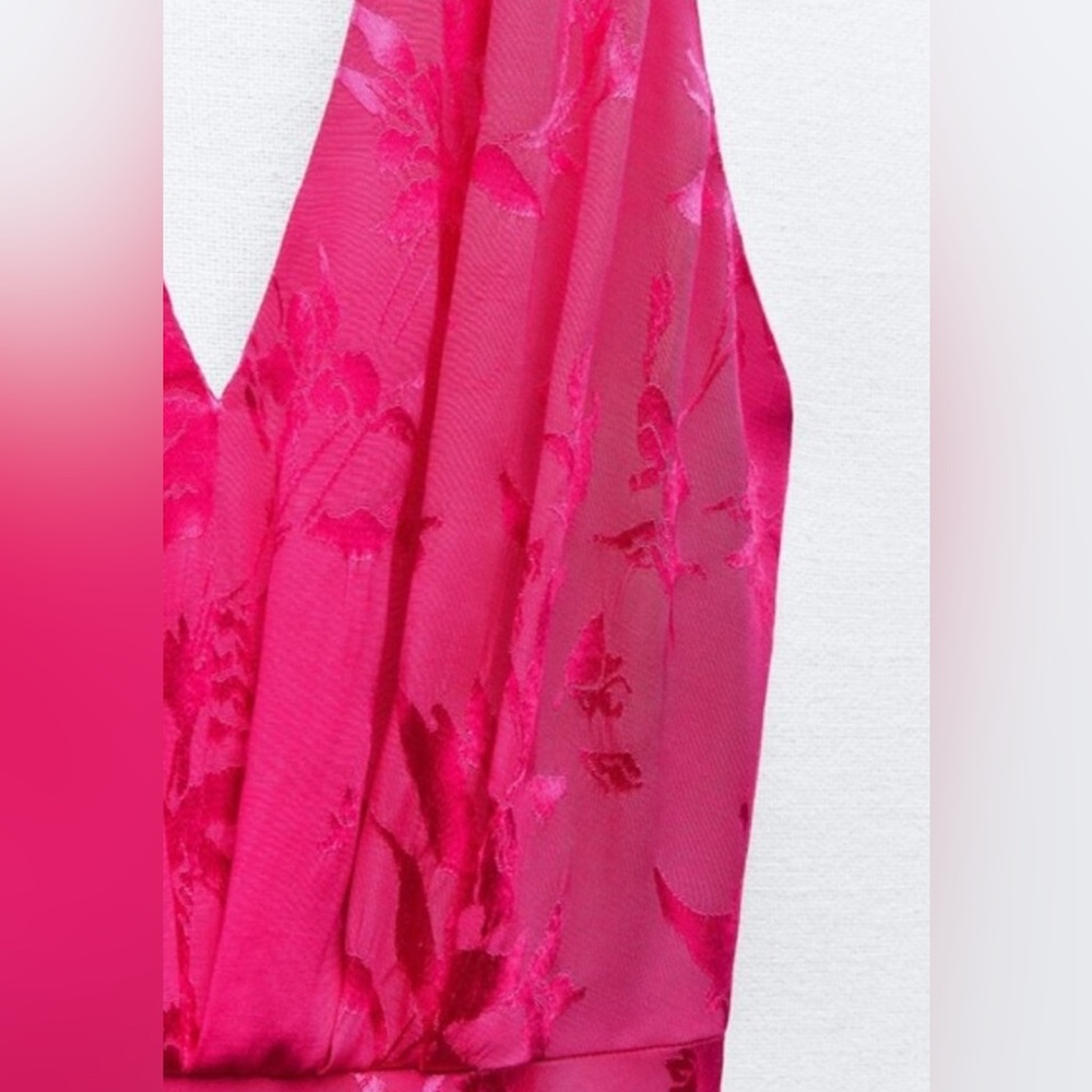 Zara Vibrant Hot Pink Jacquard Bow Summer Halter Maxi Dress (Size Medium) - Picture 11 of 11